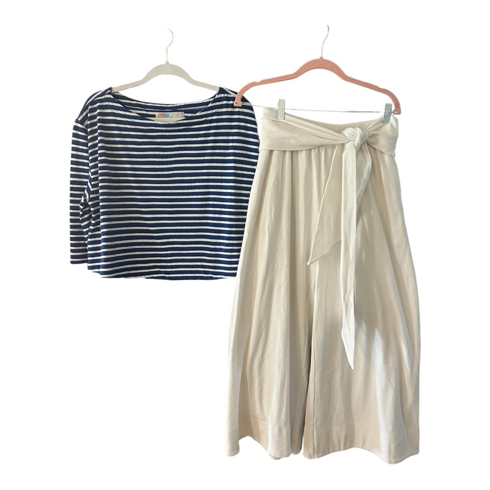 2 Piece Set Free People Blue Striped Top and Cream Wide-Leg Pants - Picture 5 of 10